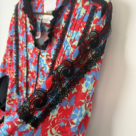 Koche Lace Trim Floral Dress Red Zip Crepe V-Neck Pockets 40 US 8 - Picture 9 of 14